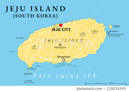 Jeju Island, largest island of South Korea, political map, with capital Jeju City, the city Seogwipo, and the shield volcano Hallasan in its center. Major part of Jeju Special Self-Governing Province. 129224343