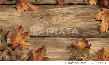 Abstract weathered wooden planks and maple leaves vintage background design with space for text 129224401