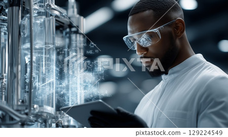 Black scientist in lab coat and safety glasses examining chemical data through holographic projection of molecular structures, working within high tech research laboratory,Black scientist Black scientist in lab coat and safety glasses examining chemical data through holographic projection of molecular structures, working within high tech research laboratory,Black scientist 129224549