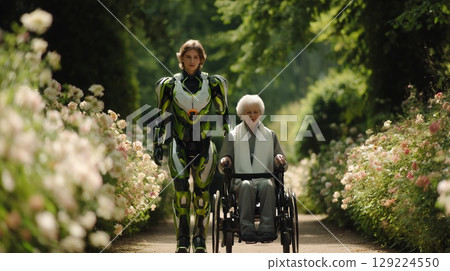 Humanoid robot helping senior woman navigate wheelchair through blooming rose garden, highlighting advanced caregiving technology 129224550