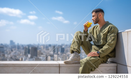 Uniformed pilot drinking orange juice, relaxing on rooftop with expansive city skyline and clear blue sky background 129224558
