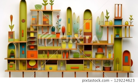 Whimsical display of unique geometric shapes in abstract interior design concept 129224623
