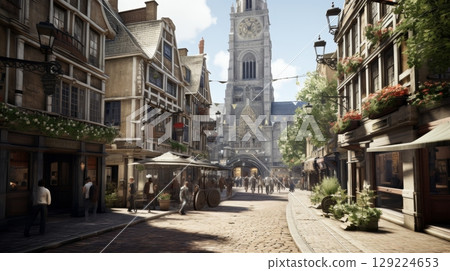 Medieval town. panoramic view of charming streets and canals, historic european cityscape 129224653