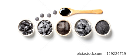 Shilajit In Multiple Supplement Forms Including Resin Powder Capsules And Tablets On White. Concept Of Natural Energy Booster, Ayurvedic Wellness, And Modern Holistic Health Trends 129224719