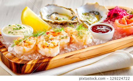Seafood Platter With Oysters, Shrimps, And Sauces On Ice Served In Wooden Tray. Concept Of Fine Dining, Coastal Cuisine, Gourmet Starters, And Stylish Food Content For Restaurant Branding Seafood Platter With Oysters, Shrimps, And Sauces On Ice Served In Wooden Tray. Concept Of Fine Dining, Coastal Cuisine, Gourmet Starters, And Stylish Food Content For Restaurant Branding 129224722