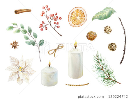 Christmas set with candles, fir branch, pine cones, white poinsettia, sprig of red berries, dried orange, cinnamon, star anise watercolor illustration isolated. Hand drawn pastel New Year clip art. 129224742