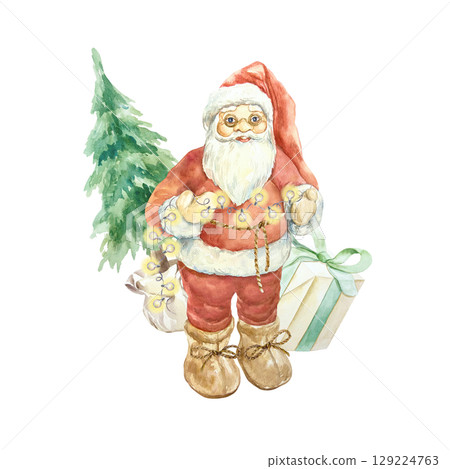 Santa Claus with a garland of glowing lights in his hands, Christmas tree, gift box watercolor illustration isolated. Hand drawn pastel New Year clip art for creating beautiful cards and invitations. 129224763