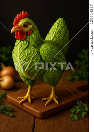 Creative image of a chicken entirely made from fresh green cabbage leaves, standing on a wooden cutting board. Whimsical and surreal food art concept, ideal for culinary or artistic projects. 129224857