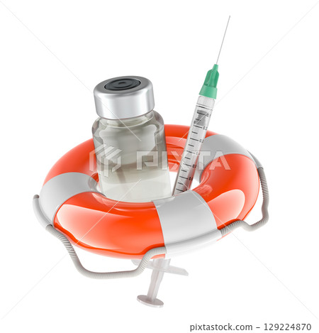 Medical rescue concept. Vial and syringe in lifebuoy. 3D rendering Medical rescue concept. Vial and syringe in lifebuoy. 3D rendering 129224870