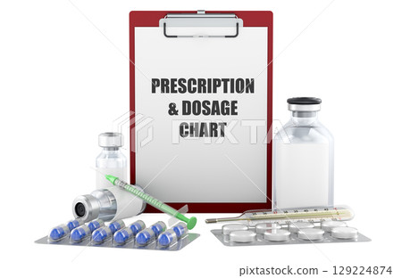 Prescription and dosage chart, inscription on clipboard with pills, vials and syringe. 3D rendering 129224874