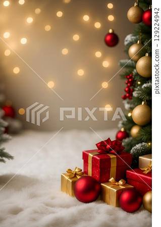 Christmas gifts and ornaments under decorated tree with warm lights. Cozy Christmas scene with red and gold gift boxes Christmas gifts and ornaments under decorated tree with warm lights. Cozy Christmas scene with red and gold gift boxes 129224942