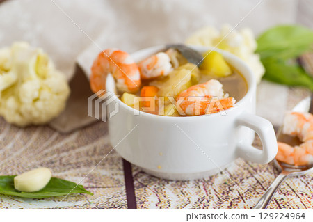 Healthy Vegetable Soup with Shrimp for a Light Winter Lunch 129224964