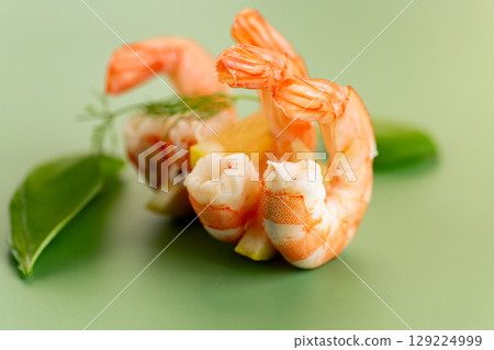 Large shrimp with green leaf is ideal for dietary dishes Large shrimp with green leaf is ideal for dietary dishes 129224999