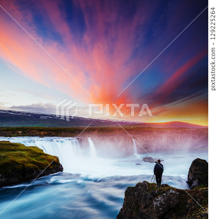 Great rapid flow of water powerful Godafoss cascade. Location place Skjalfandafljot river, Iceland. Great rapid flow of water powerful Godafoss cascade. Location place Skjalfandafljot river, Iceland. 129225264