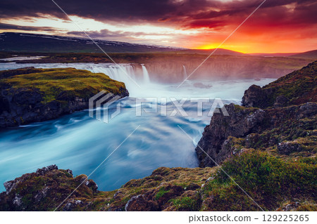 Great rapid flow of water powerful Godafoss cascade. Location place Skjalfandafljot river, Iceland. Great rapid flow of water powerful Godafoss cascade. Location place Skjalfandafljot river, Iceland. 129225265