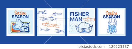 Postcard set with cute sea animal and ocean element. Fashion collection in blue colors. Square poster with sardines and sea elements. For nursery decor, fashion print. Doodle vector illustration. Postcard set with cute sea animal and ocean element. Fashion collection in blue colors. Square poster with sardines and sea elements. For nursery decor, fashion print. Doodle vector illustration. 129225387