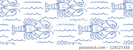 Seamless outline pattern with Omar and ocean motif. Sea creatures illustration in modern doodle style. Ideal for textile, packaging, wallpaper, menu. Vector fisherman background. Seamless outline pattern with Omar and ocean motif. Sea creatures illustration in modern doodle style. Ideal for textile, packaging, wallpaper, menu. Vector fisherman background. 129225388