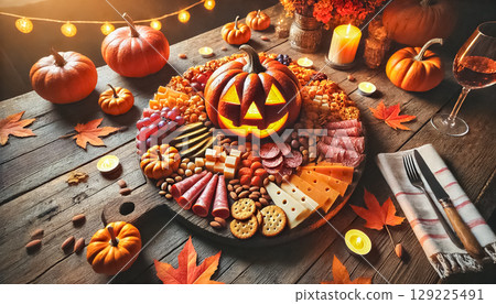A beautifully arranged autumn charcuterie board in the shape of a jack-o'-lantern, featuring a variety of meats, cheeses, nuts, and crackers. The board is set on a white marble table, surrounded by 129225491