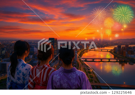 View of the fireworks from the Media Ship over the Shinano River in the direction of Bandai Bridge 129225646