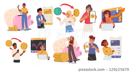 Financial literacy education for teenagers cartoon scene set with happy smart children characters 129225679