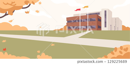 University yard in autumn cartoon background with building architecture and green park landscape 129225689