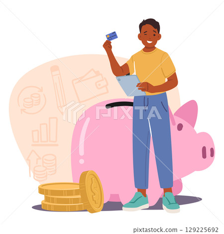 Teenage boy cartoon character studying financial literacy and understanding savings opportunity 129225692