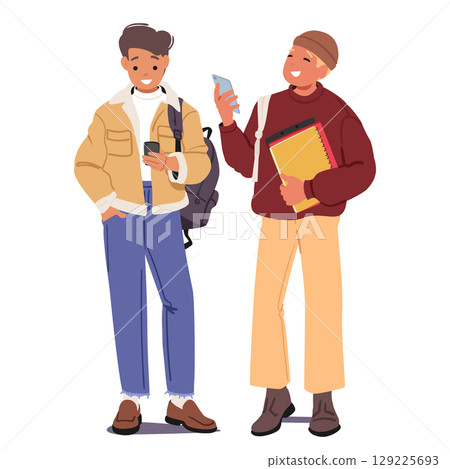 Teenage students cartoon classmates characters using smartphone standing together isolated on white Teenage students cartoon classmates characters using smartphone standing together isolated on white 129225693