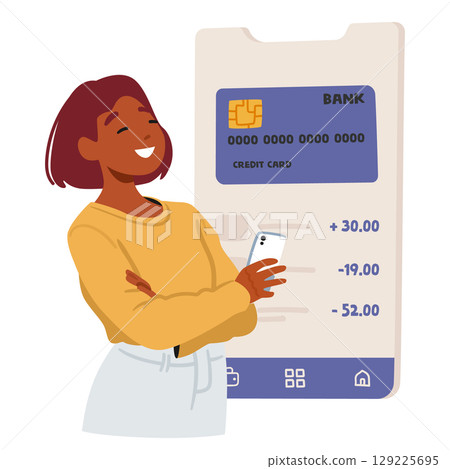 Teenage girl character with smartphone learning financial budget calculation and money management 129225695