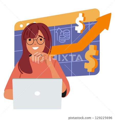 Teenage girl character learning financial market, investments and trading educational material 129225696
