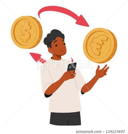 Teenage boy character studying wealth money profit strategy, currency movement on financial market Teenage boy character studying wealth money profit strategy, currency movement on financial market 129225697