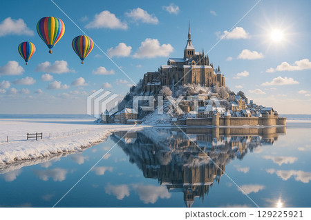 Snowy Mont Saint-Michel and hot air balloons Snowy Mont Saint-Michel and hot air balloons 129225921