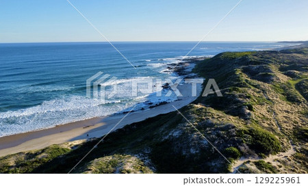 Morning Footsteps Along Serene Sandy Shoreline Morning Footsteps Along Serene Sandy Shoreline 129225961