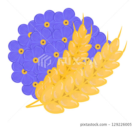 Forget me not round bouquet, wild flowers in blue and yellow colors and two ears of wheat Forget me not round bouquet, wild flowers in blue and yellow colors and two ears of wheat 129226005