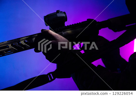 Tactical Soldier in Action Helmet On Off Dramatic Lights Smoke Tactical Soldier in Action Helmet On Off Dramatic Lights Smoke 129226054