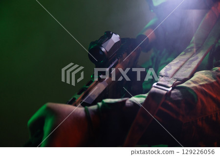 Tactical Soldier in Action Helmet On Off Dramatic Lights Smoke Tactical Soldier in Action Helmet On Off Dramatic Lights Smoke 129226056
