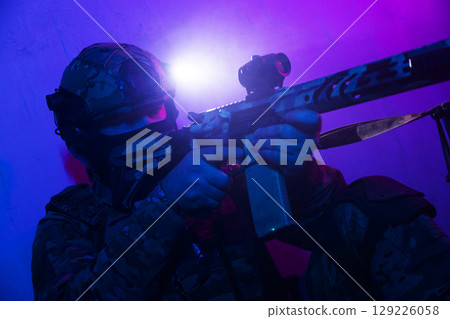 Tactical Soldier in Action Helmet On Off Dramatic Lights Smoke Tactical Soldier in Action Helmet On Off Dramatic Lights Smoke 129226058