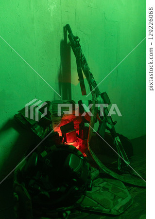 Tactical Soldier in Action Helmet On Off Dramatic Lights Smoke Tactical Soldier in Action Helmet On Off Dramatic Lights Smoke 129226068