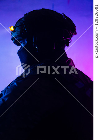 Tactical Soldier in Action Helmet On Off Dramatic Lights Smoke Tactical Soldier in Action Helmet On Off Dramatic Lights Smoke 129226081