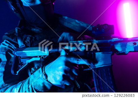 Tactical Soldier in Action Helmet On Off Dramatic Lights Smoke Tactical Soldier in Action Helmet On Off Dramatic Lights Smoke 129226083