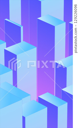 Minimalist 3D abstract cityscape made of vertical gradient blocks in blue and purple hues 129226096