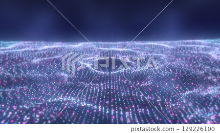 Futuristic blue and pink digital particle field forming circular vortex shapes with depth and motion 129226100