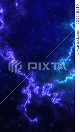 Electric purple lightning bolts streaking across a dark blue starry sky in a cosmic abstract style 129226110