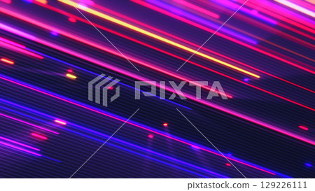 Abstract glowing fiber optic lines in pink and blue hues, forming a dynamic and futuristic digital motion tunnel 129226111