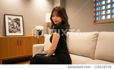 A Japanese woman in her 30s sitting on a sofa and looking back at us kindly 129226158