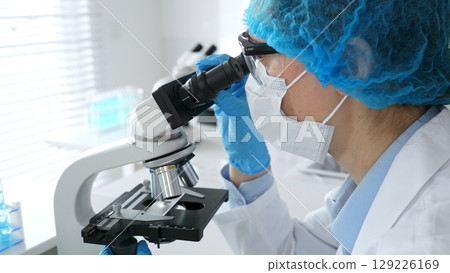 Female scientist wearing a mask and blue safety gear, using a microscope for research while a male colleague works in the background. Medicine, healthcare and science concept 129226169