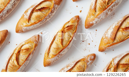 Freshly baked crusty baguettes on a white background, artisan bread concept 129226265