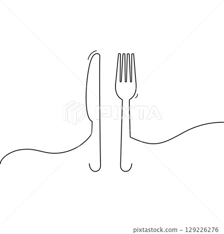 Minimalistic line art depicting knife and fork on white background. Vector illustration 129226276