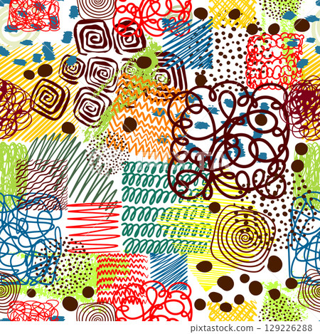 Fun colorful line doodle seamless pattern. Creative abstract art background. 129226288