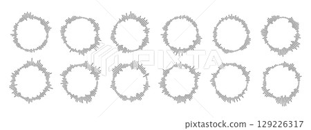 Circular sound point waves. Circular equalizer of a podcast. Set of music symbols, for music player. Vector spectral radial diagram 129226317