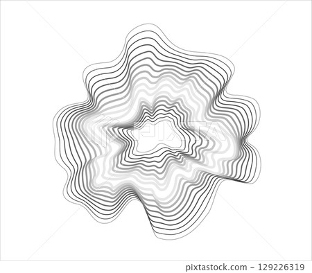 Dynamic circular waveform of black points on white. Abstract representation of sound vibrations. Ideal for modern music graphics, Dynamic circular waveform of black points on white. Abstract representation of sound vibrations. Ideal for modern music graphics, 129226319